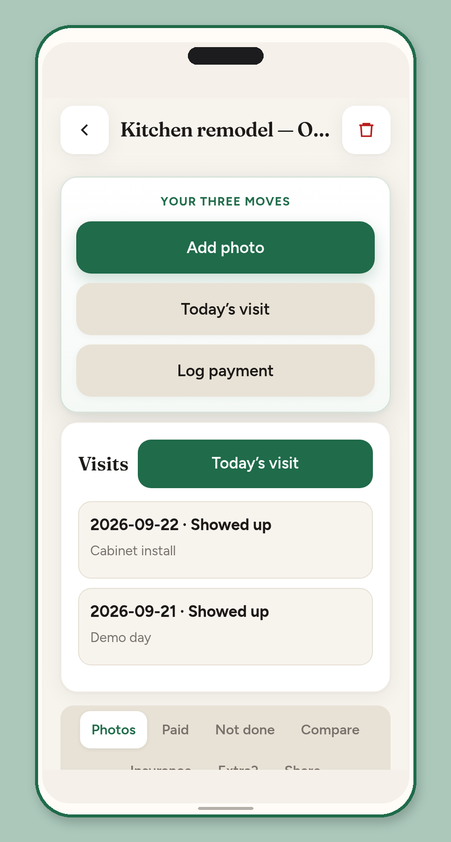 Log photos and visits
