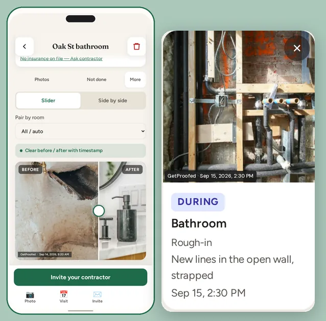 GetProofed on a phone: a bathroom project with before and after photos and the date on each photo