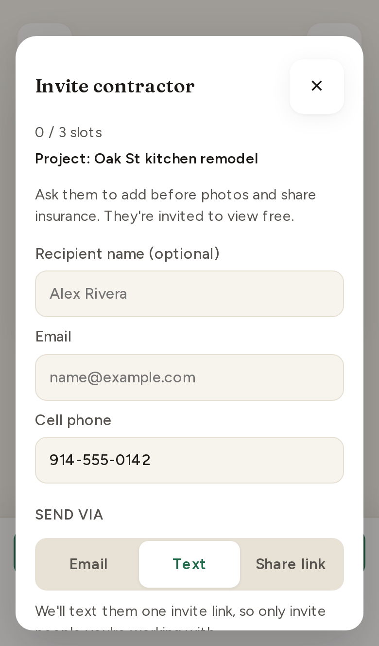 Invite contractor sheet: project name, cell phone entered, Send via Text selected, note: We'll text them one invite link, so only invite people you're working with.
