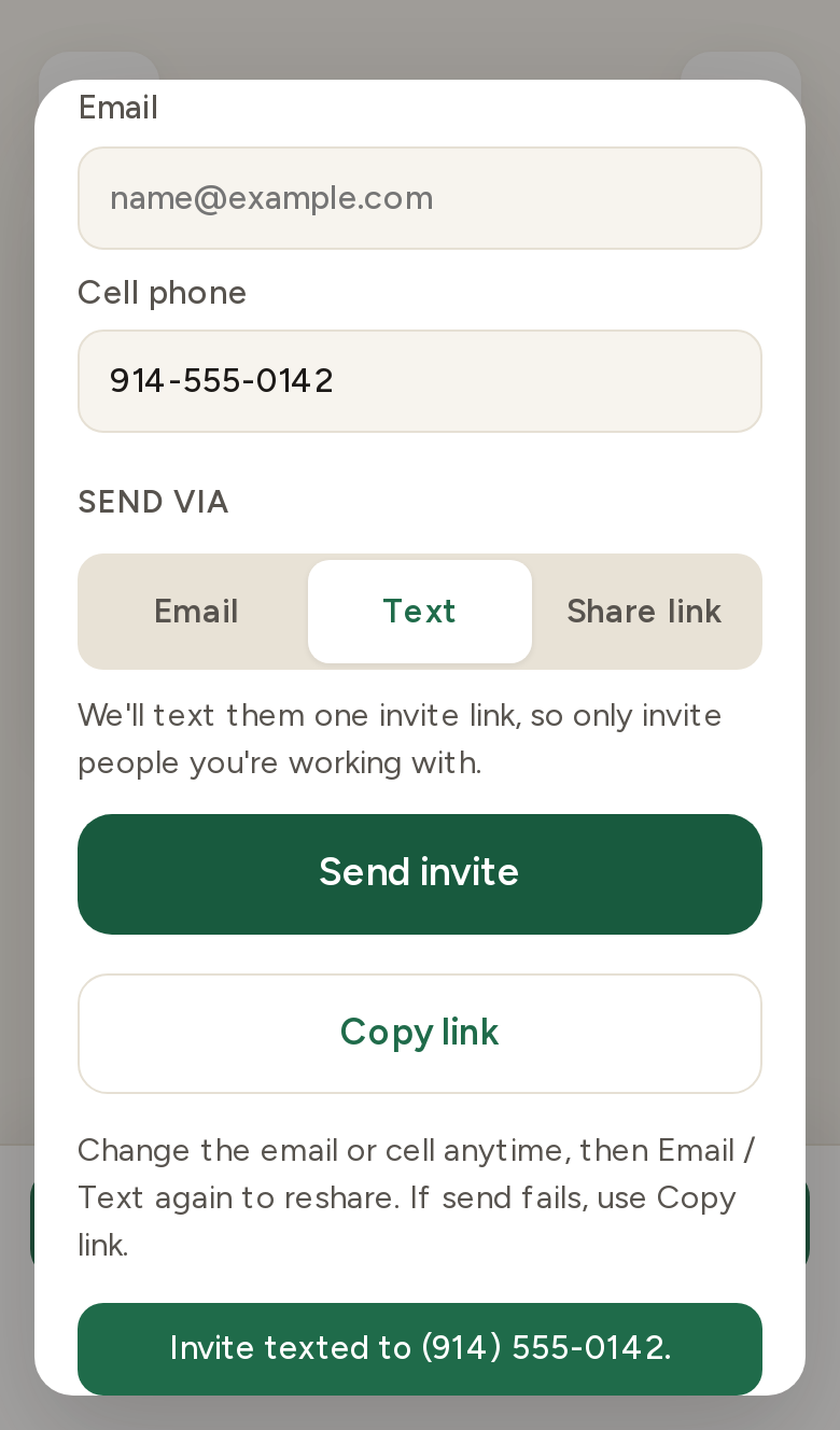 Invite sheet confirmation: Invite texted to (914) 555-0142