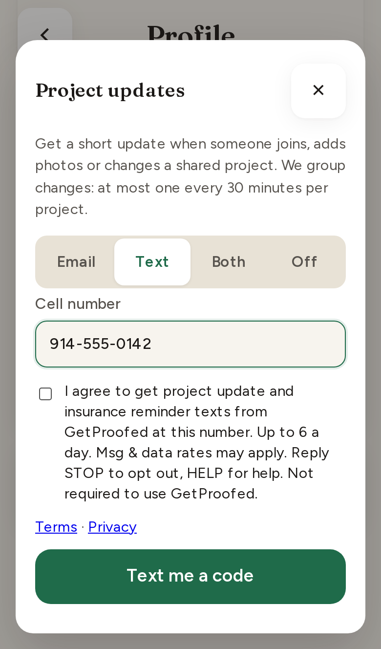 Project updates sheet: Text selected, cell number entered, consent checkbox unchecked, Terms and Privacy links, Text me a code button