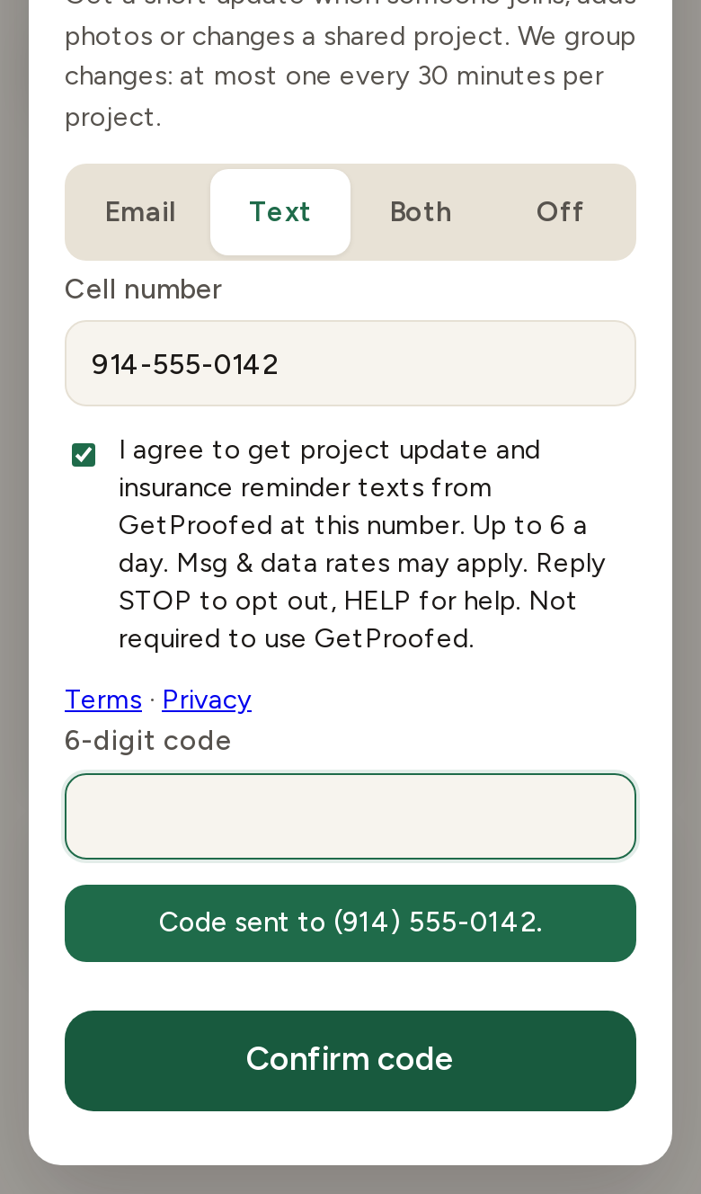 Consent box checked, 6-digit code field and Confirm code button, message Code sent