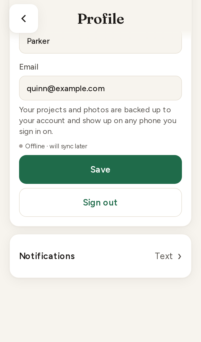 Profile screen with Notifications now set to Text